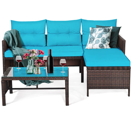 Patiojoy 3-Piece Outdoor Rattan Wicker Sectional Sofa Set Patio Conversation Sofa Set