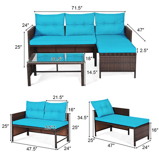 Patiojoy 3-Piece Outdoor Rattan Wicker Sectional Sofa Set Patio Conversation Sofa Set