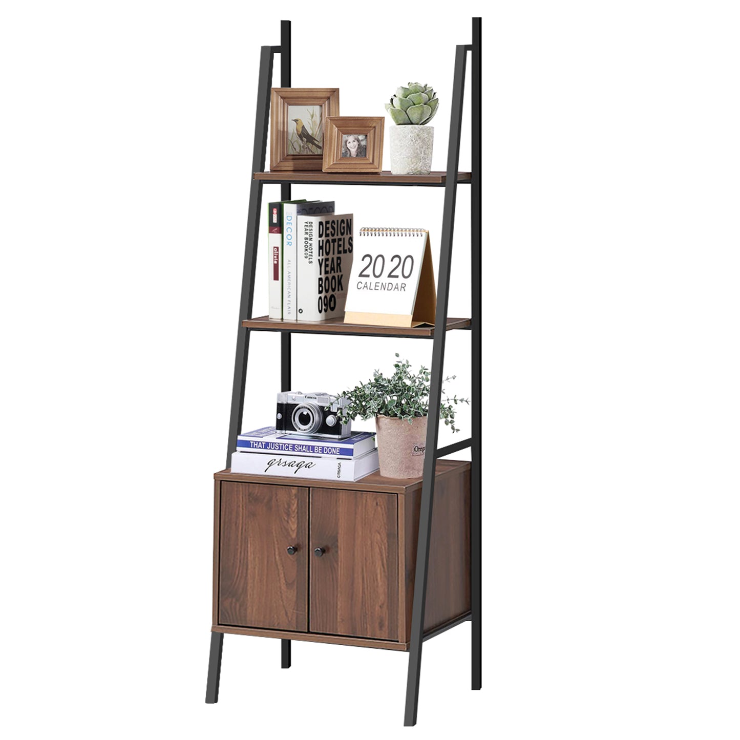 Topbuy 3-Tier Ladder Storage Shelf Industrial Leaning Bookcase Display Stand with Cabine