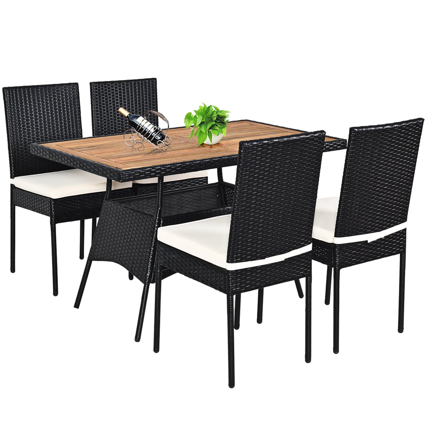 Patiojoy 5PCS Outdoor Rattan Wicker Dining Set Acacia Wood Table & 4 Chairs with Cushions