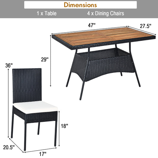 Patiojoy 5PCS Outdoor Rattan Wicker Dining Set Acacia Wood Table & 4 Chairs with Cushions