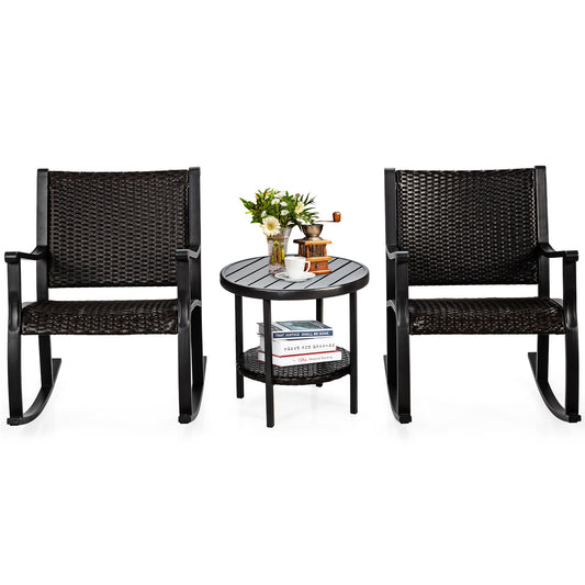 Topbuy 3-Piece Wicker Rocking Bistro Set Outdoor Conversation Set with Coffee Table