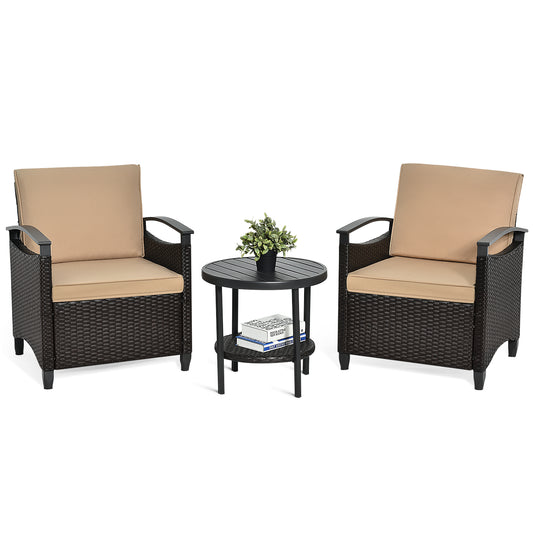 Patiojoy 3-Piece Rattan Sofa Chair Patio Conversation Set with Coffee Table & Cushions