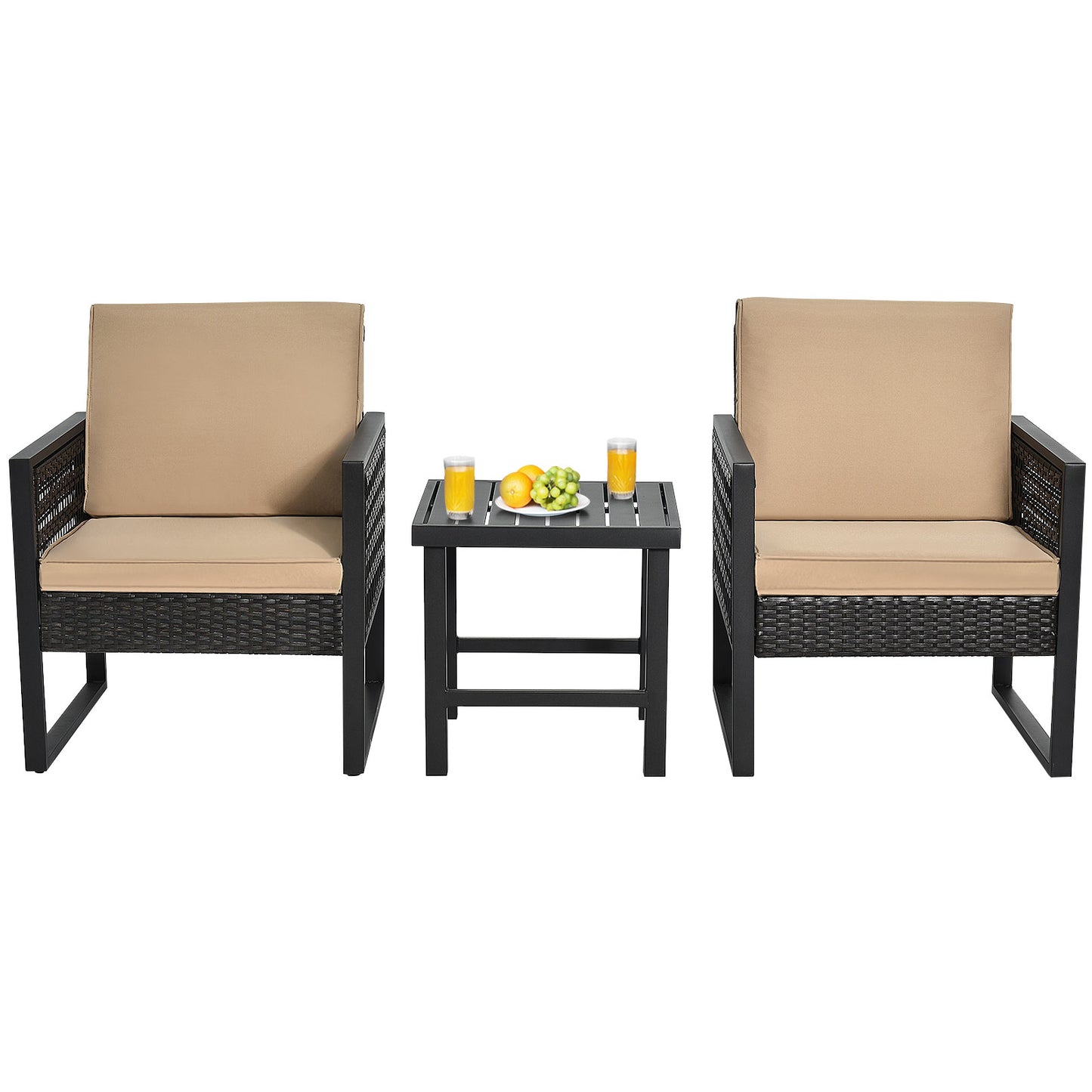 Patiojoy 3-Piece Patio Wicker Bistro Set Conversation Furniture Sofa with Coffee Table