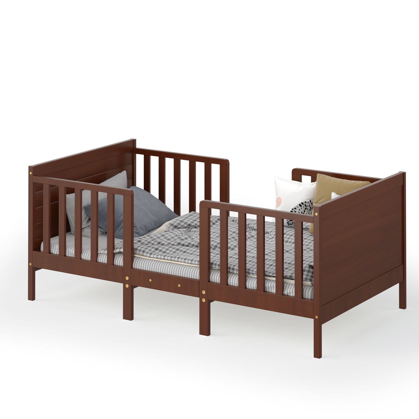 Topbuy 2-in-1 Convertible Kids Furniture Bed Toddler Crib with 2 Side Safety Guardrails White/Brown