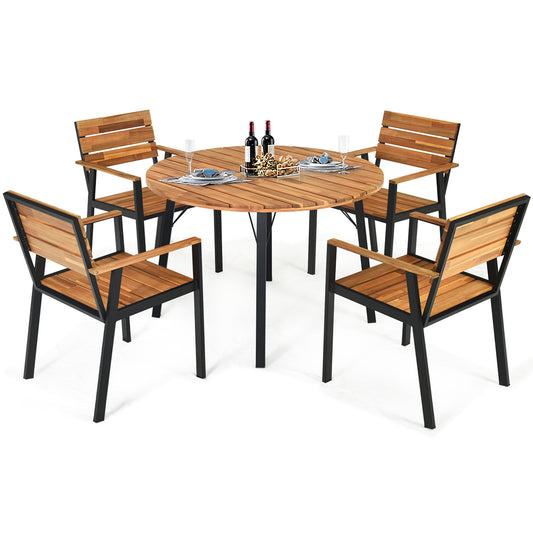 Topbuy 5 PCS Patio Acacia Wood Dining Set Conversation Chat Chair/Table W/ Umbrella Hole