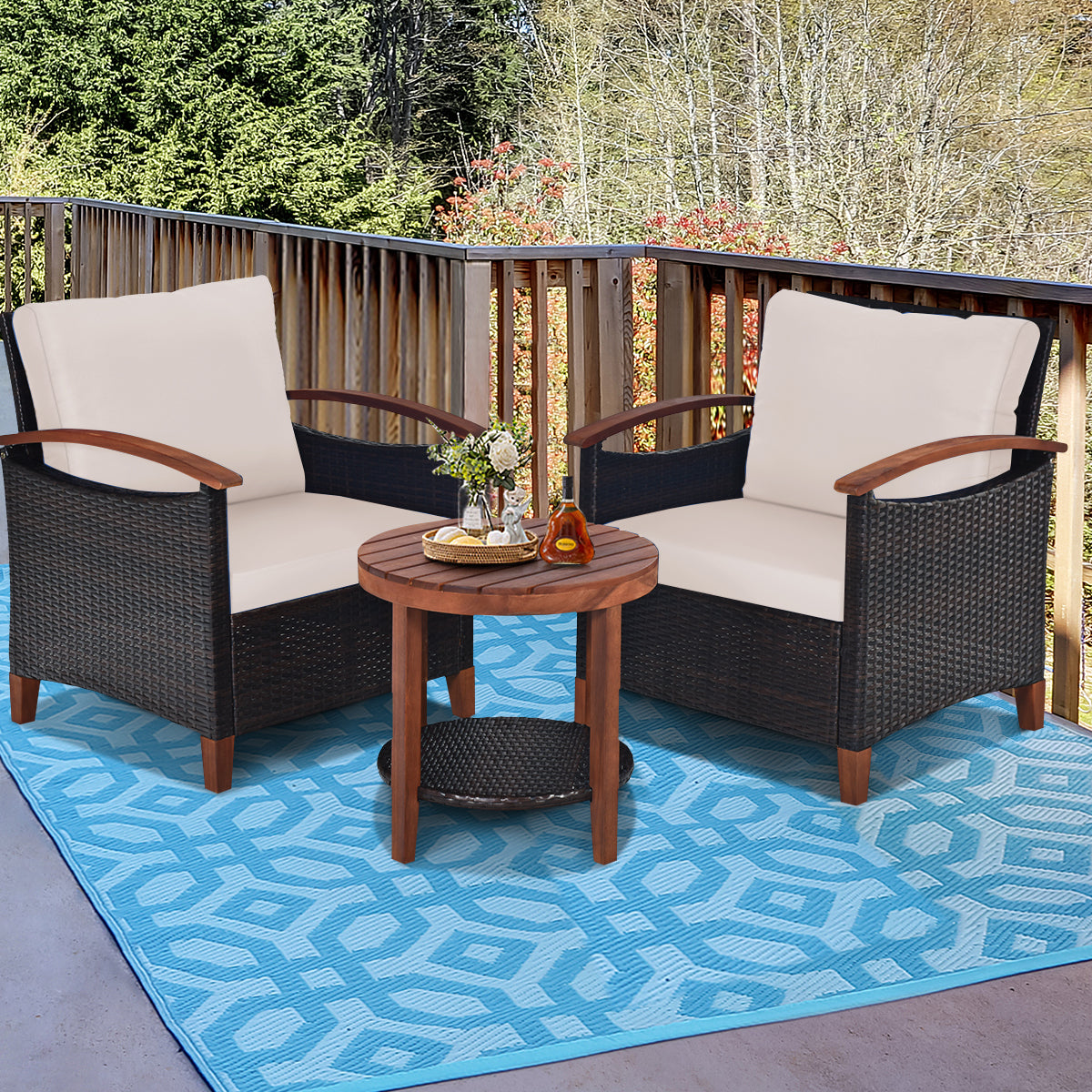 Patiojoy 3-Piece Patio Rattan Bistro Set Acacia Wood Frame Sofa and Side Table Beige/Blue/Red/Turquoise