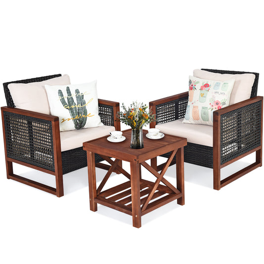 Patiojoy 3-Piece Patio Rattan Wicker Bistro Set Acacia Wood Frame Sofa and Side Table