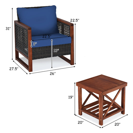 Patiojoy 3-Piece Patio Rattan Bistro Set Acacia Wood Frame Sofa and Side Table Navy/Red/Turquoise