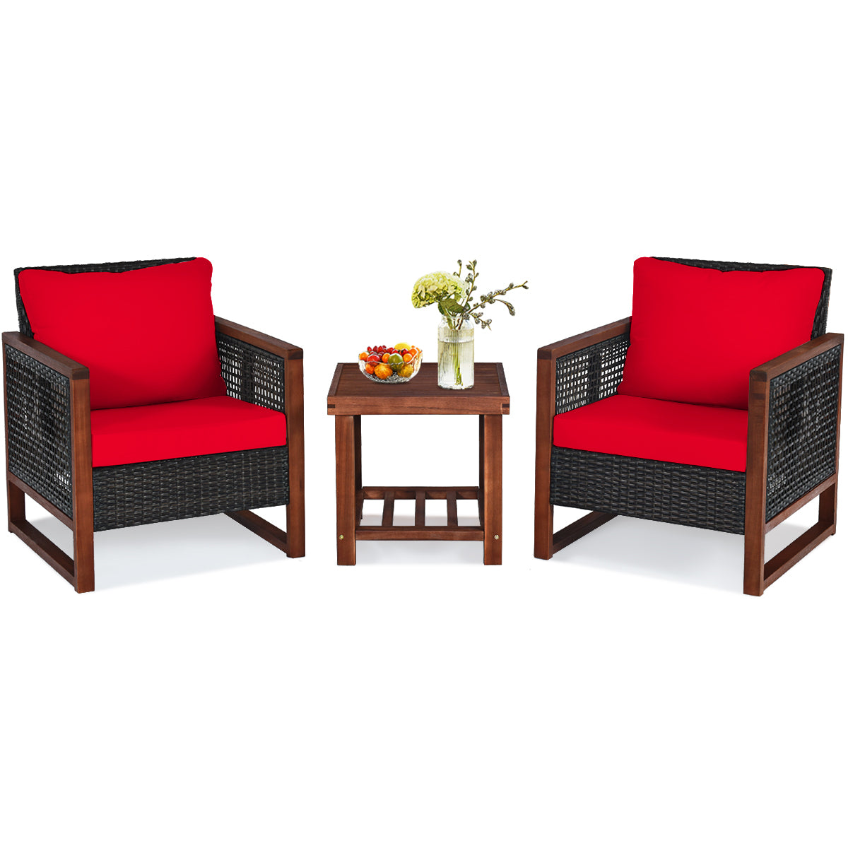 Patiojoy 3-Piece Patio Rattan Bistro Set Acacia Wood Frame Sofa and Side Table Navy/Red/Turquoise