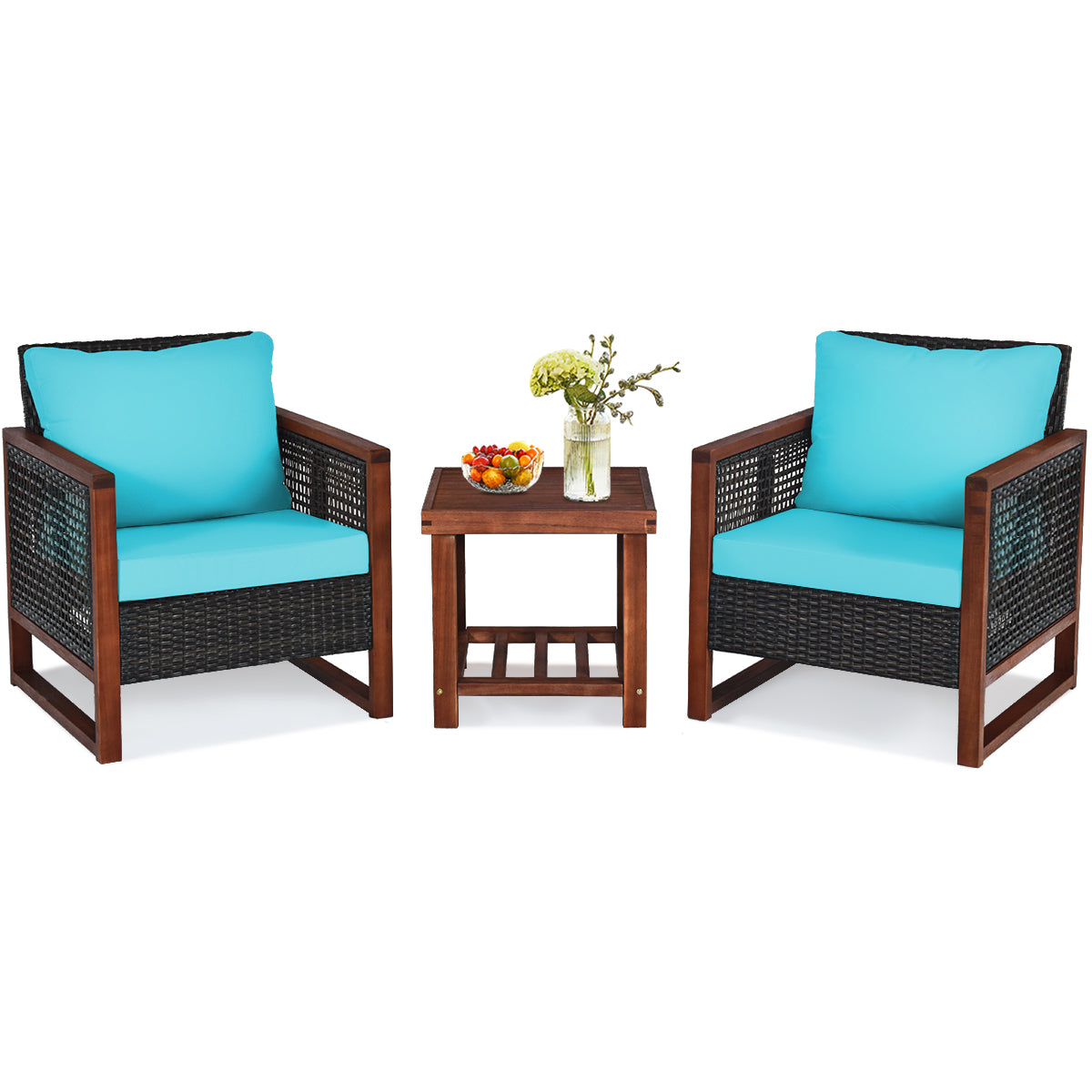 Patiojoy 3-Piece Patio Rattan Bistro Set Acacia Wood Frame Sofa and Side Table Navy/Red/Turquoise