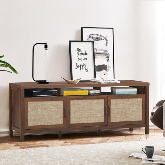 Topbuy Universal TV Stand Cabinet Television Media Console with 3 Rattan Doors Walnut/Grey Oak