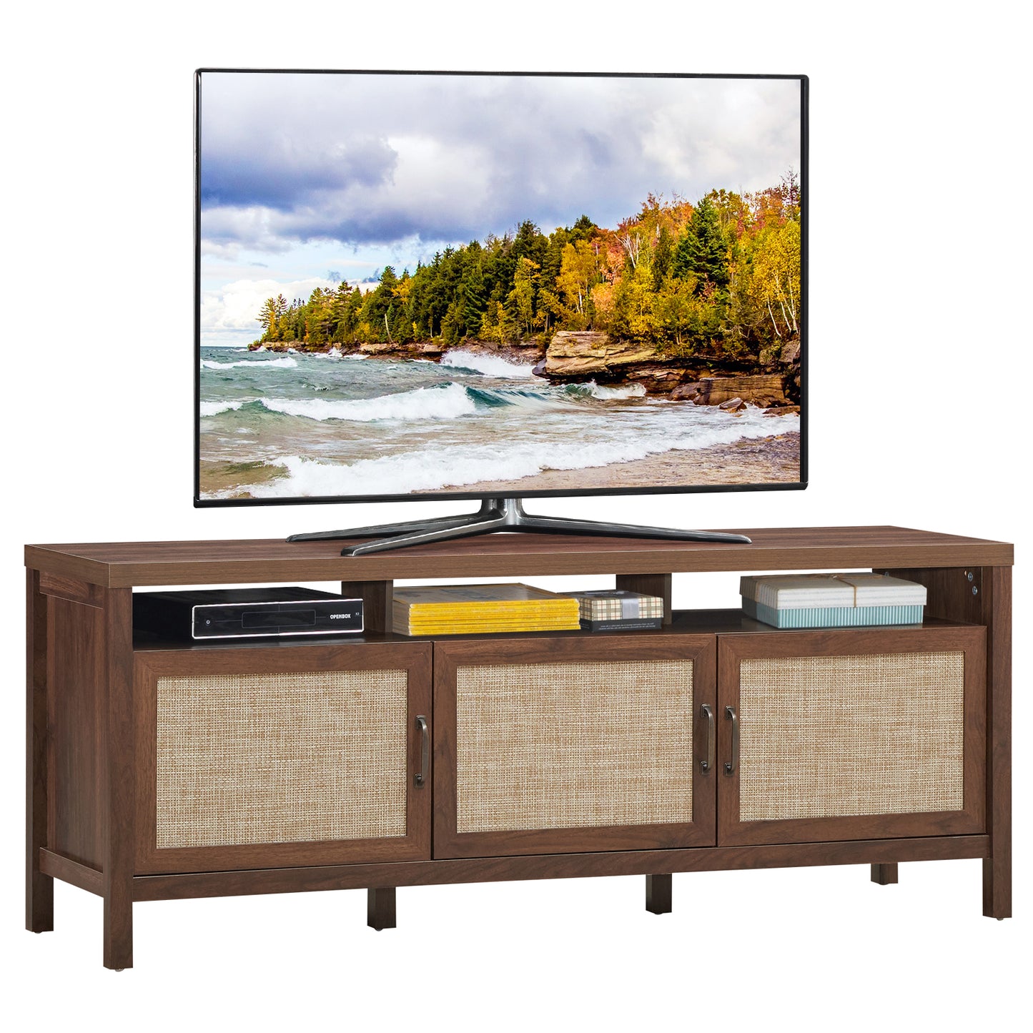 Topbuy Universal TV Stand Cabinet Television Media Console with 3 Rattan Doors Walnut/Grey Oak