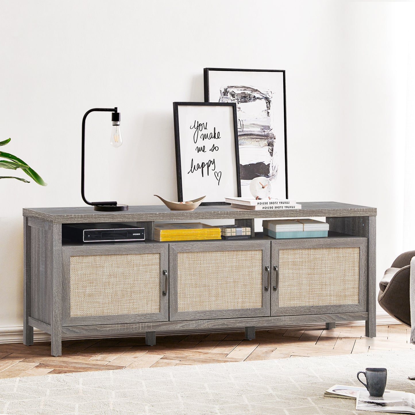 Topbuy Universal TV Stand Cabinet Television Media Console with 3 Rattan Doors Walnut/Grey Oak