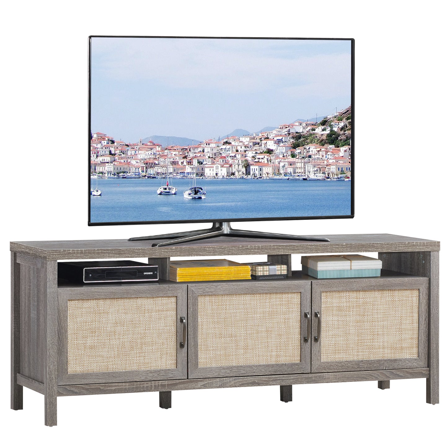 Topbuy Universal TV Stand Cabinet Television Media Console with 3 Rattan Doors Walnut/Grey Oak