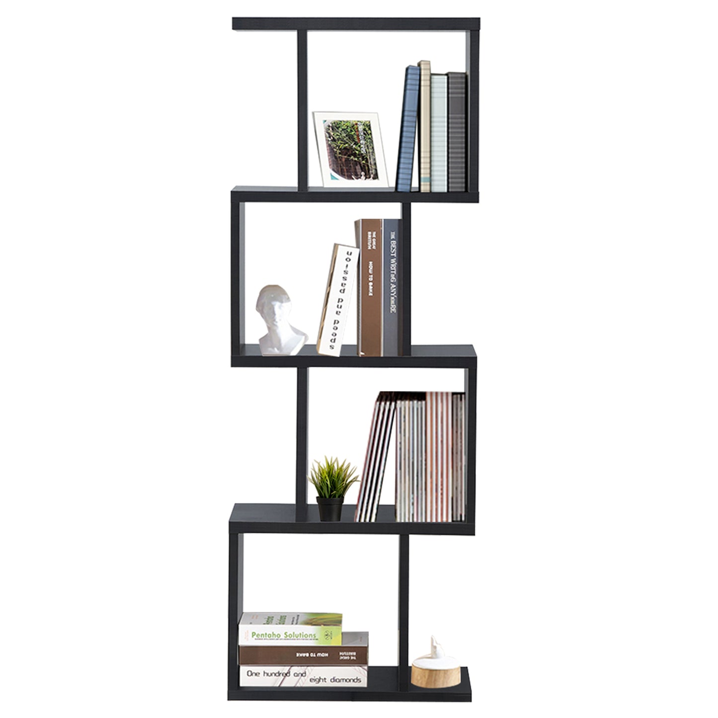 Topbuy 4-tier Free Standing S-Shaped Bookcase Multifunctional Wooden Storage Display Rack