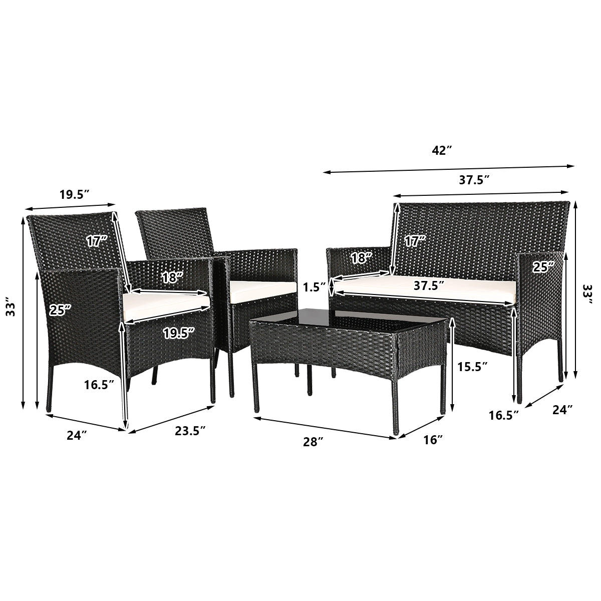 Patiojoy 4PCS/8PCS Rattan Patio Conversation Set Cushioned Sofa with Coffee Table White/Red/Turquoise