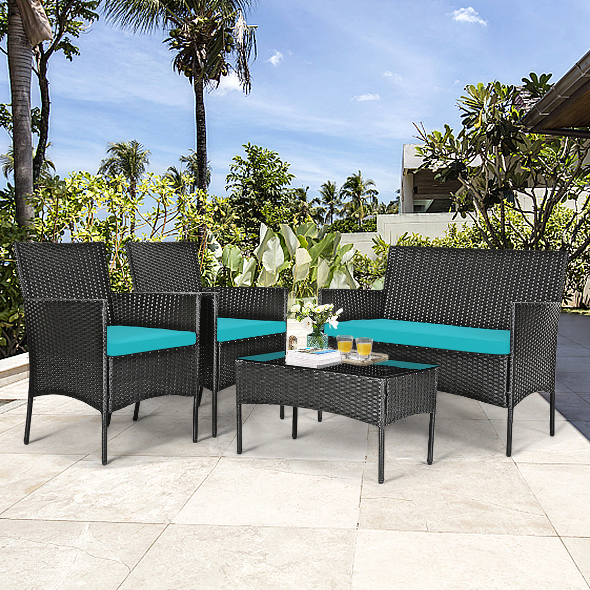 Patiojoy 4PCS/8PCS Rattan Patio Conversation Set Cushioned Sofa with Coffee Table White/Red/Turquoise