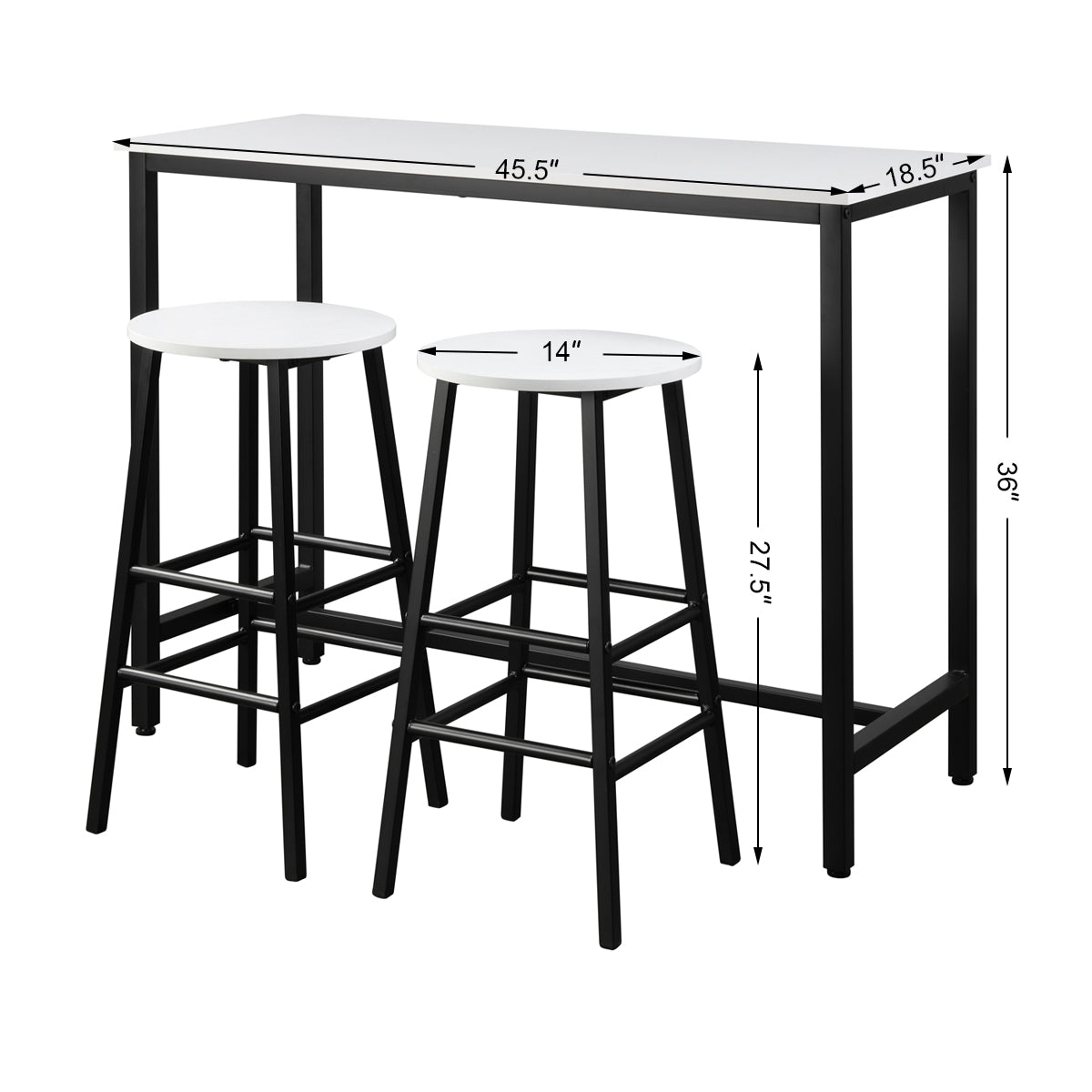 Topbuy 3 PCS Pub Bar Table Set Kitchen Counter Height Table Set W/ 2 Stools Black White