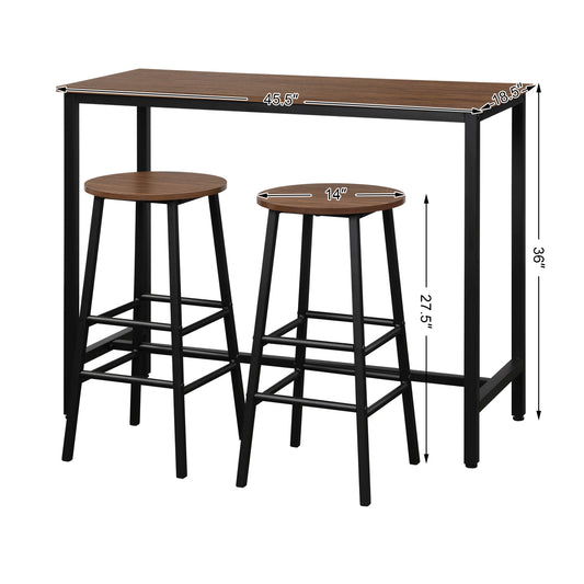 Topbuy 3-Piece Pub Bar Table Set Kitchen Counter Height Table Set with 2 Stools Brown