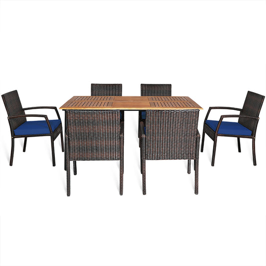 Patiojoy 7- Piece Patio Dining Furniture Set Acacia Wood and Wicker Dining Table Armchairs Navy/Red/White/Turquoise