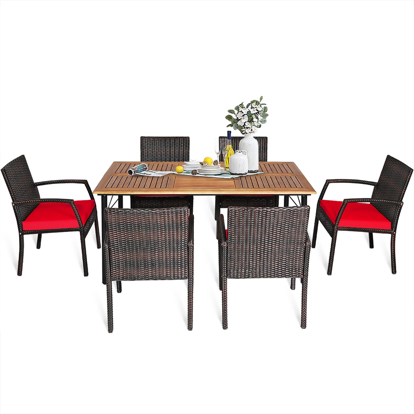 Patiojoy 7- Piece Patio Dining Furniture Set Acacia Wood and Wicker Dining Table Armchairs Navy/Red/White/Turquoise