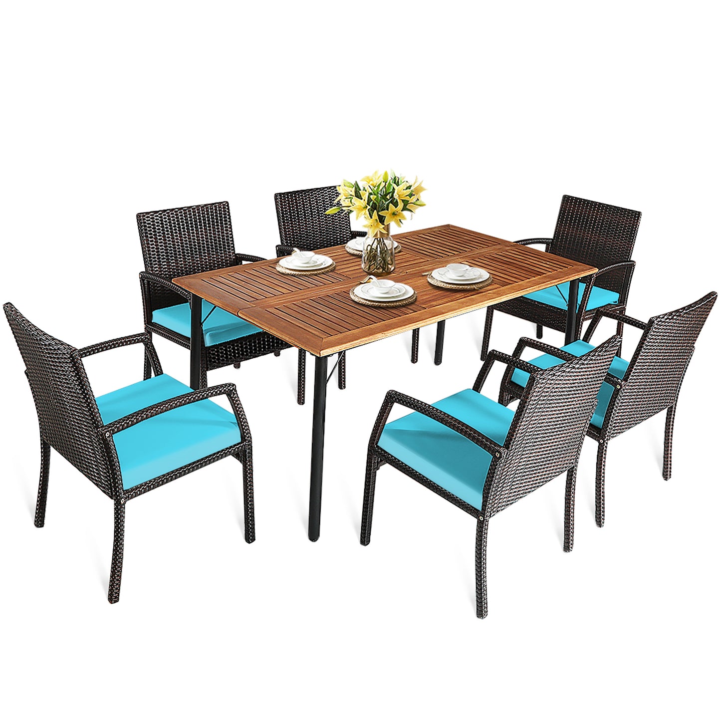 Patiojoy 7- Piece Patio Dining Furniture Set Acacia Wood and Wicker Dining Table Armchairs Navy/Red/White/Turquoise