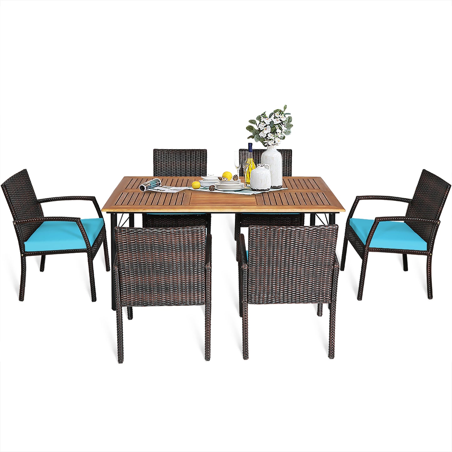 Patiojoy 7- Piece Patio Dining Furniture Set Acacia Wood and Wicker Dining Table Armchairs Navy/Red/White/Turquoise