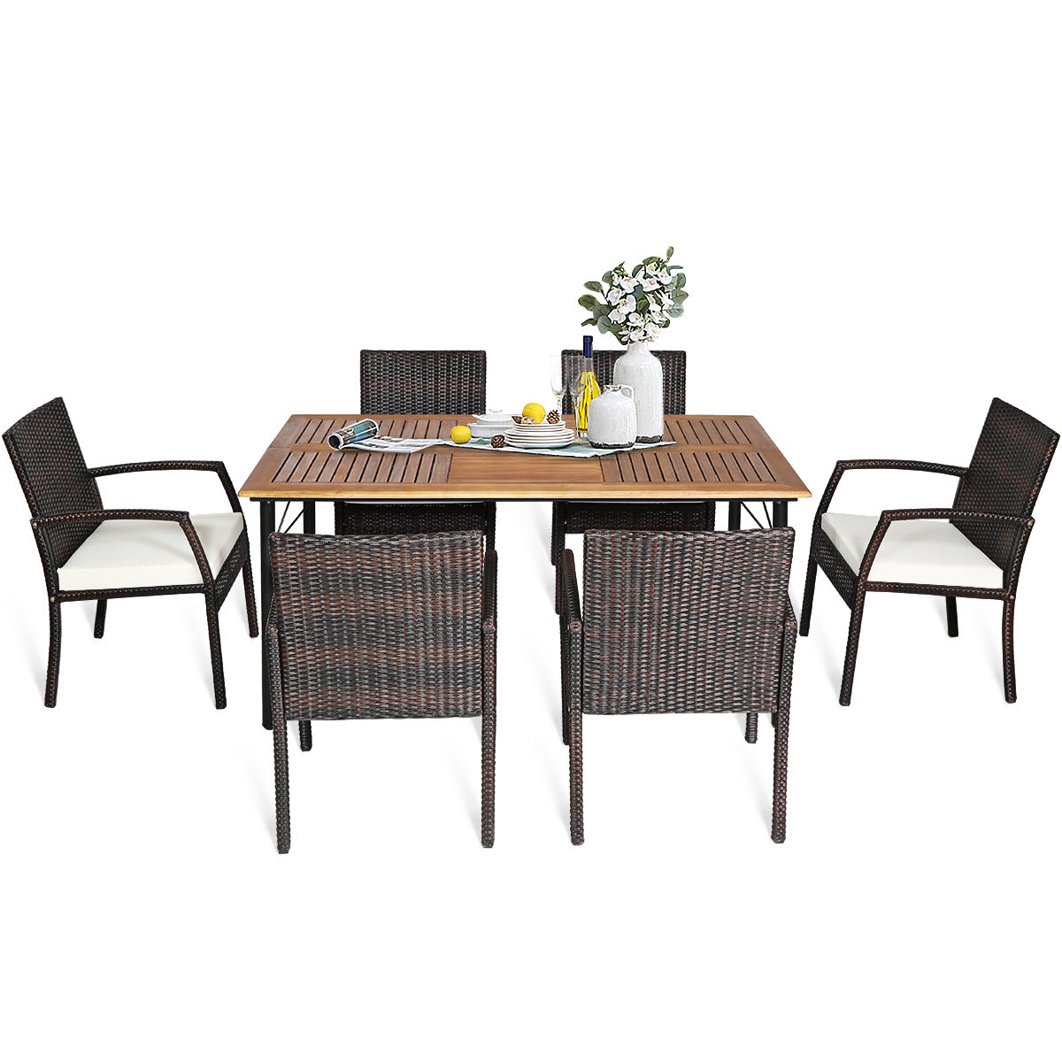 Patiojoy 7- Piece Patio Dining Furniture Set Acacia Wood and Wicker Dining Table Armchairs Navy/Red/White/Turquoise