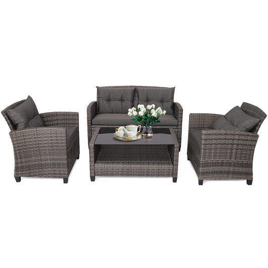 Patiojoy 4-Piece Outdoor Patio Furniture Set Rattan Wicker Conversation Sofa Set with Coffee Table