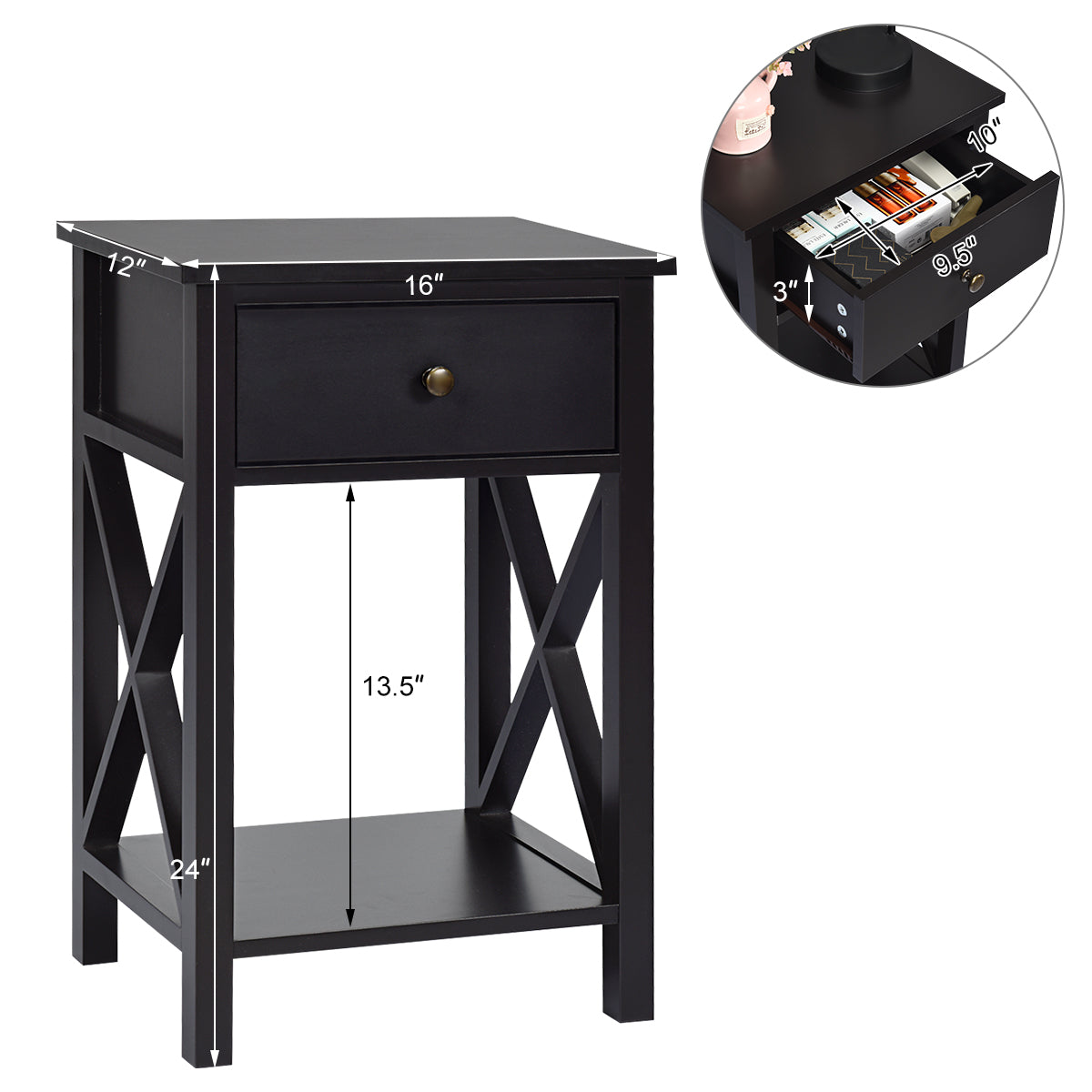 Topbuy 2-Piece X-Design Side End Table Multifunctional Nightstand with Drawer & Shelf Brown