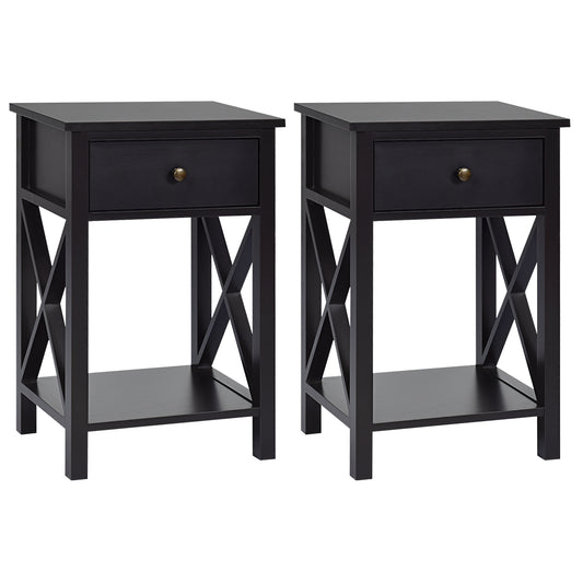 Topbuy 2-Piece X-Design Side End Table Multifunctional Nightstand with Drawer & Shelf Brown