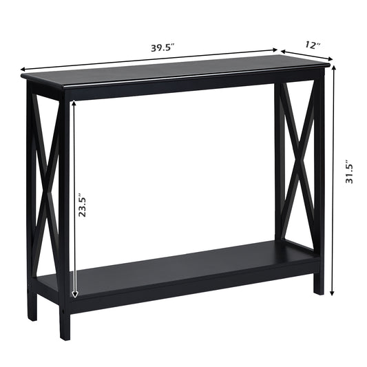 Topbuy Industrial 2-Tier Console Table X-Design Bookshelf Narrow Accent Table Black/Brown/Wood Grain/White