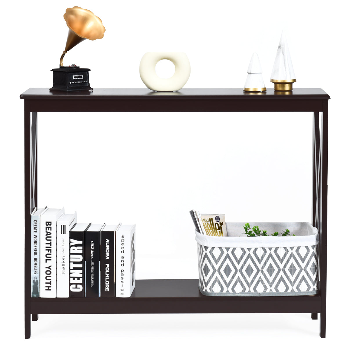 Topbuy Industrial 2-Tier Console Table X-Design Bookshelf Narrow Accent Table Black/Brown/Wood Grain/White