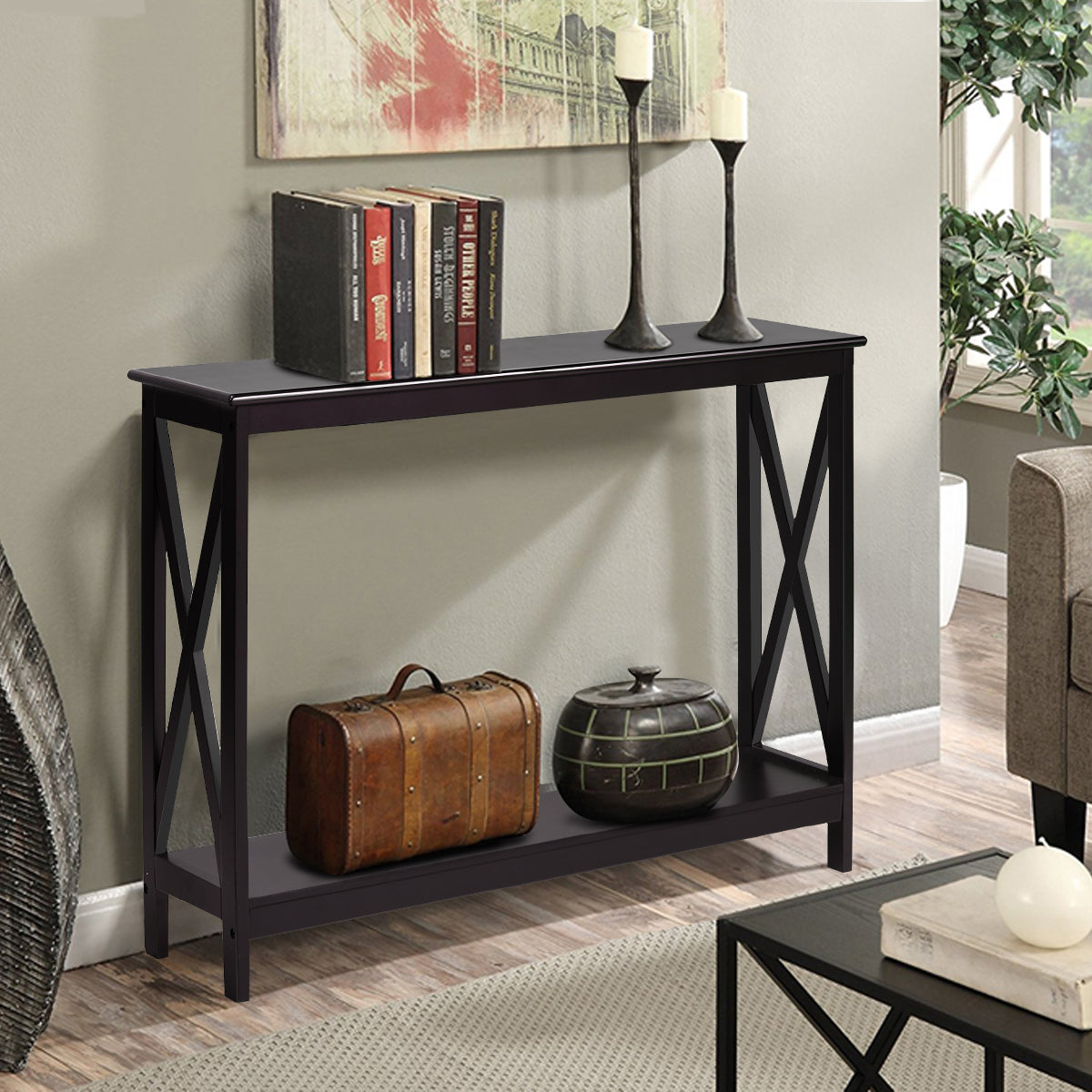 Topbuy Industrial 2-Tier Console Table X-Design Bookshelf Narrow Accent Table Black/Brown/Wood Grain/White