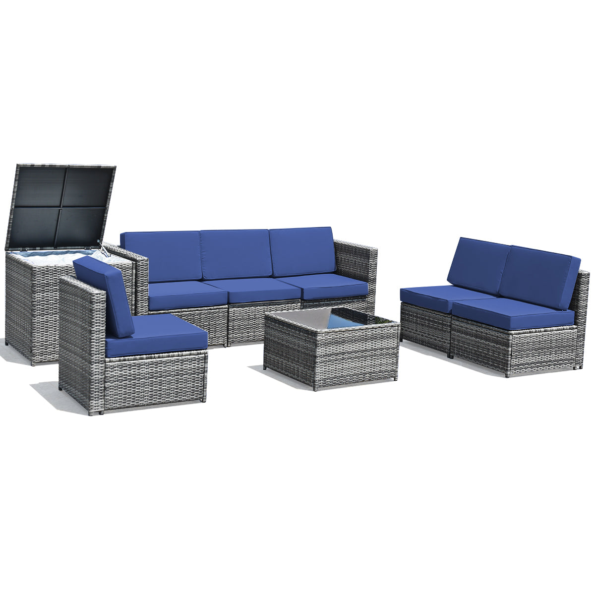 Patiojoy 8-Piece Outdoor Wicker Rattan Conversation Sofa Set w/ Storage Table White/Turquoise/Black/Navy/Red