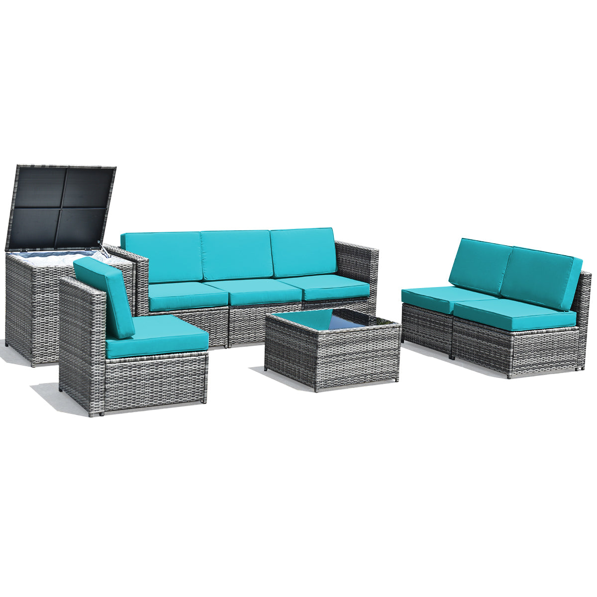 Patiojoy 8-Piece Outdoor Wicker Rattan Conversation Sofa Set w/ Storage Table White/Turquoise/Black/Navy/Red