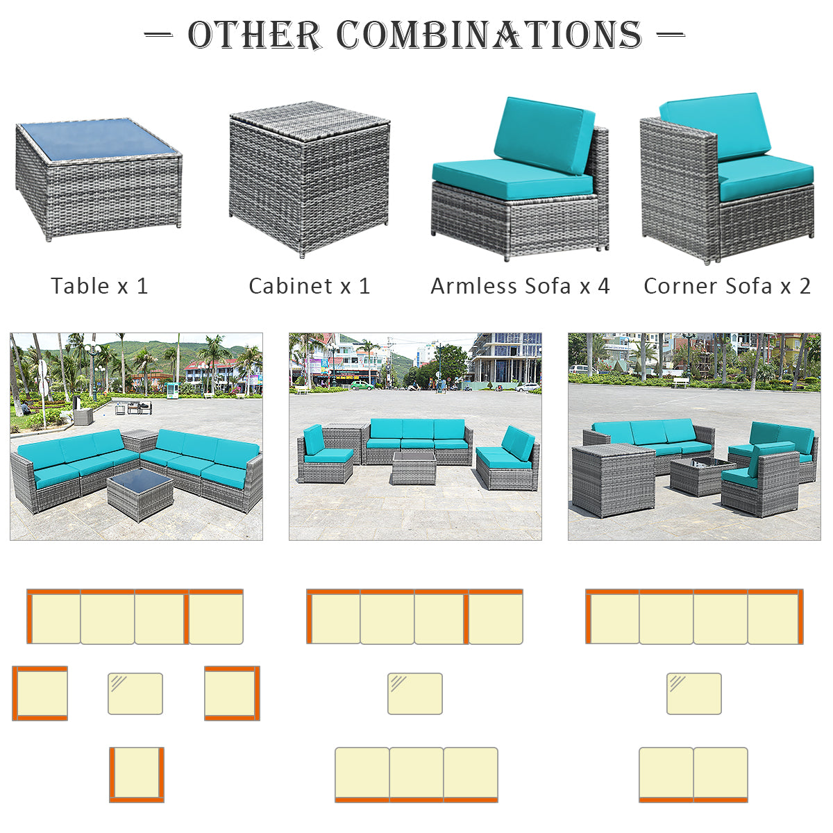 Patiojoy 8-Piece Outdoor Wicker Rattan Conversation Sofa Set w/ Storage Table White/Turquoise/Black/Navy/Red