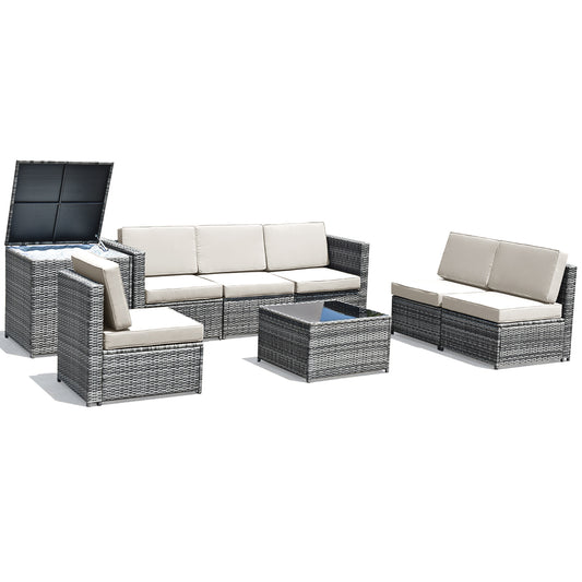 Patiojoy 8-Piece Outdoor Wicker Rattan Conversation Sofa Set w/ Storage Table White/Turquoise/Black/Navy/Red