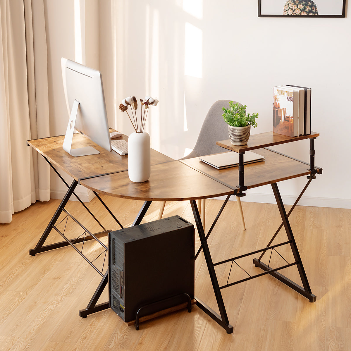 Topbuy L-Shaped Corner Desk Computer Gaming Table with Monitor Stand &Host Tray Black/Antique/Walnut