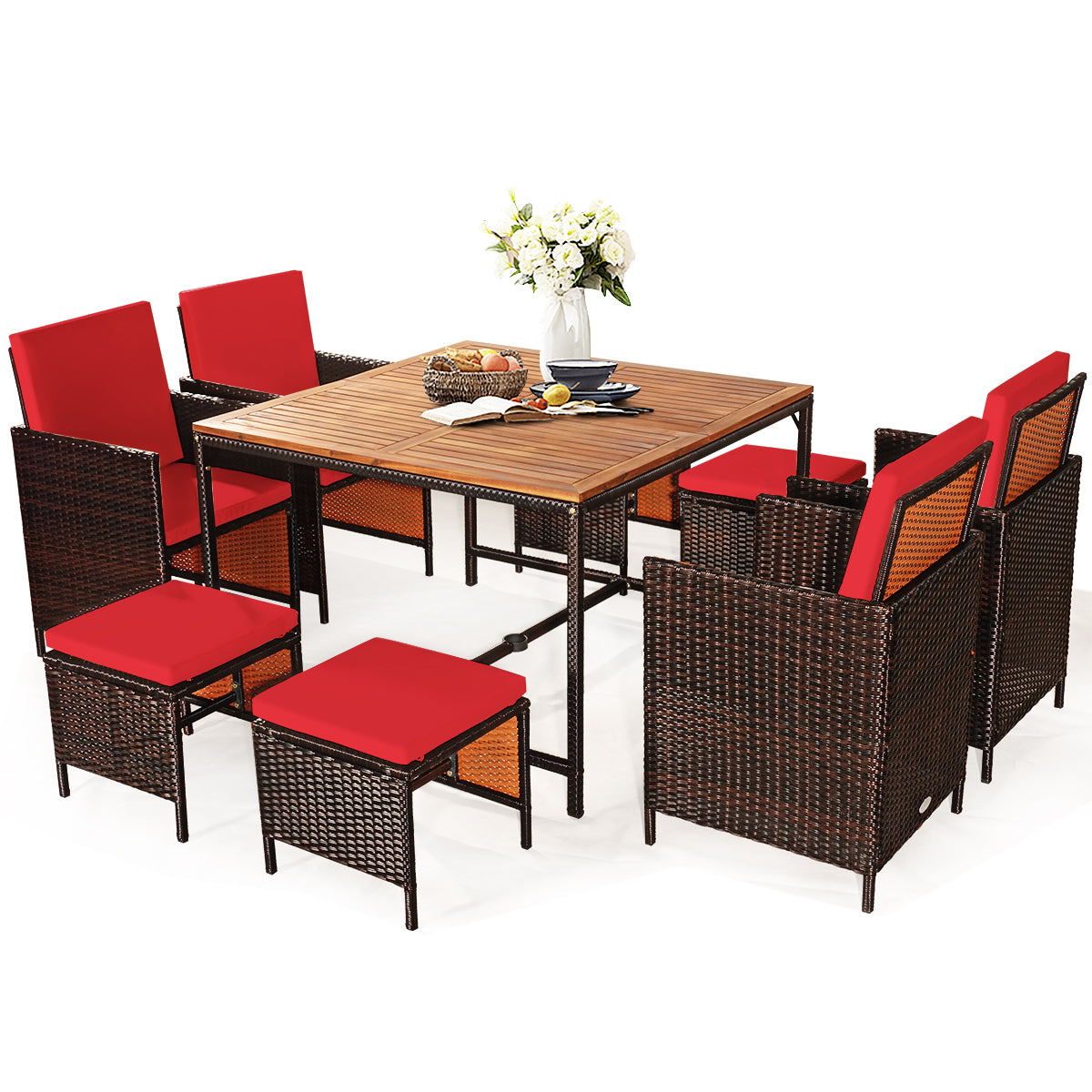 Topbuy 9 PCS Outdoor Patio Dining Set Conversation Furniture W/ Removable Cushions Red