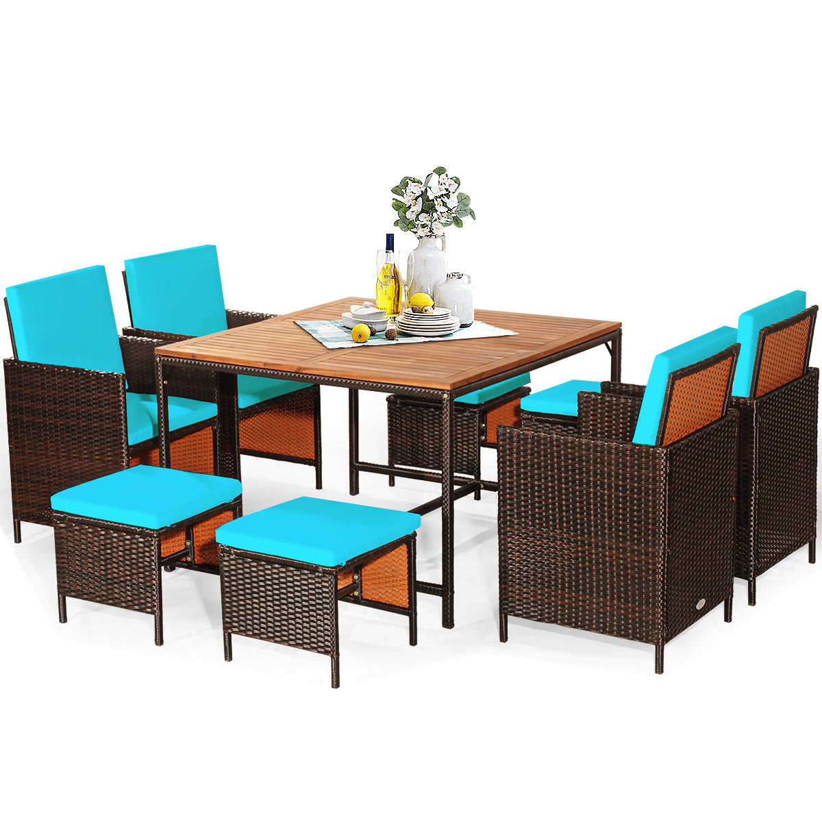 Topbuy 9 PCS Outdoor Patio Dining Set Conversation Furniture W/ Removable Cushions Turquoise