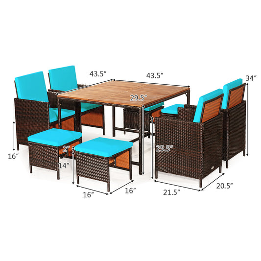 Topbuy 9 PCS Outdoor Patio Dining Set Conversation Furniture W/ Removable Cushions Turquoise