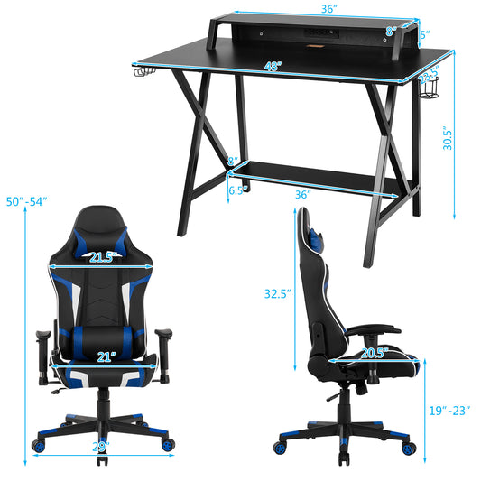 Topbuy Gaming Desk& Massage Gaming Chair Set Gamer Workstation with Headphone Hook Blue/Grey/Red/White