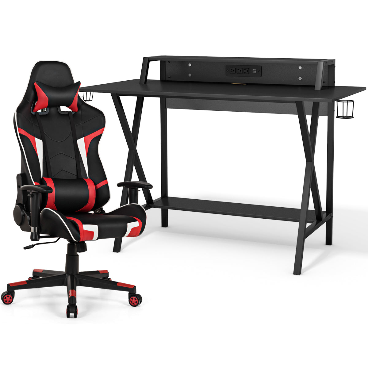 Topbuy Gaming Desk& Massage Gaming Chair Set Gamer Workstation with Headphone Hook Blue/Grey/Red/White