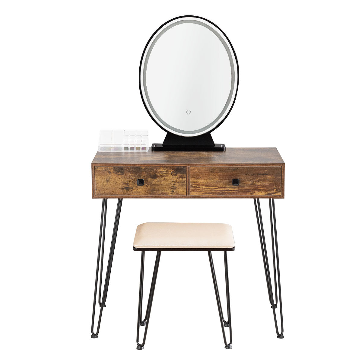 Topbuy Vanity Table Set Makeup Dressing Desk with Cushioned Stool & Lighted Mirror Rustic