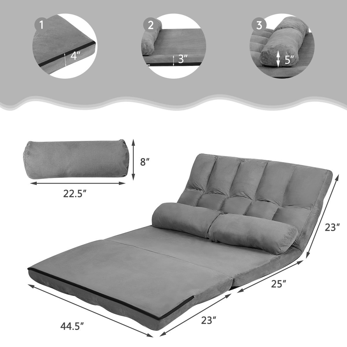 Topbuy Adjustable Floor Sofa Foldable Lazy Sofa Bed with 2 Pillows Grey