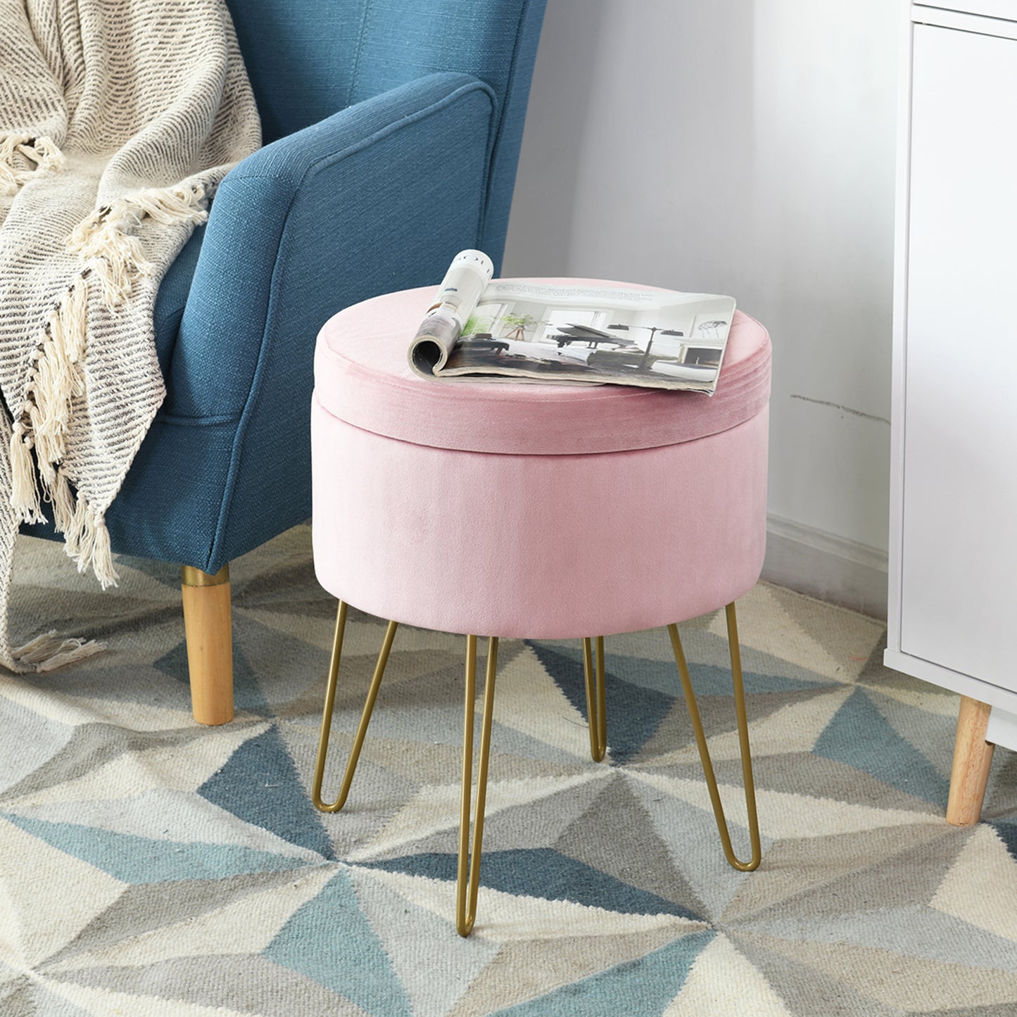 Topbuy Modern Round Velvet Footrest Stool Upholstered Vanity Ottoman Chair Dark Green/Pink