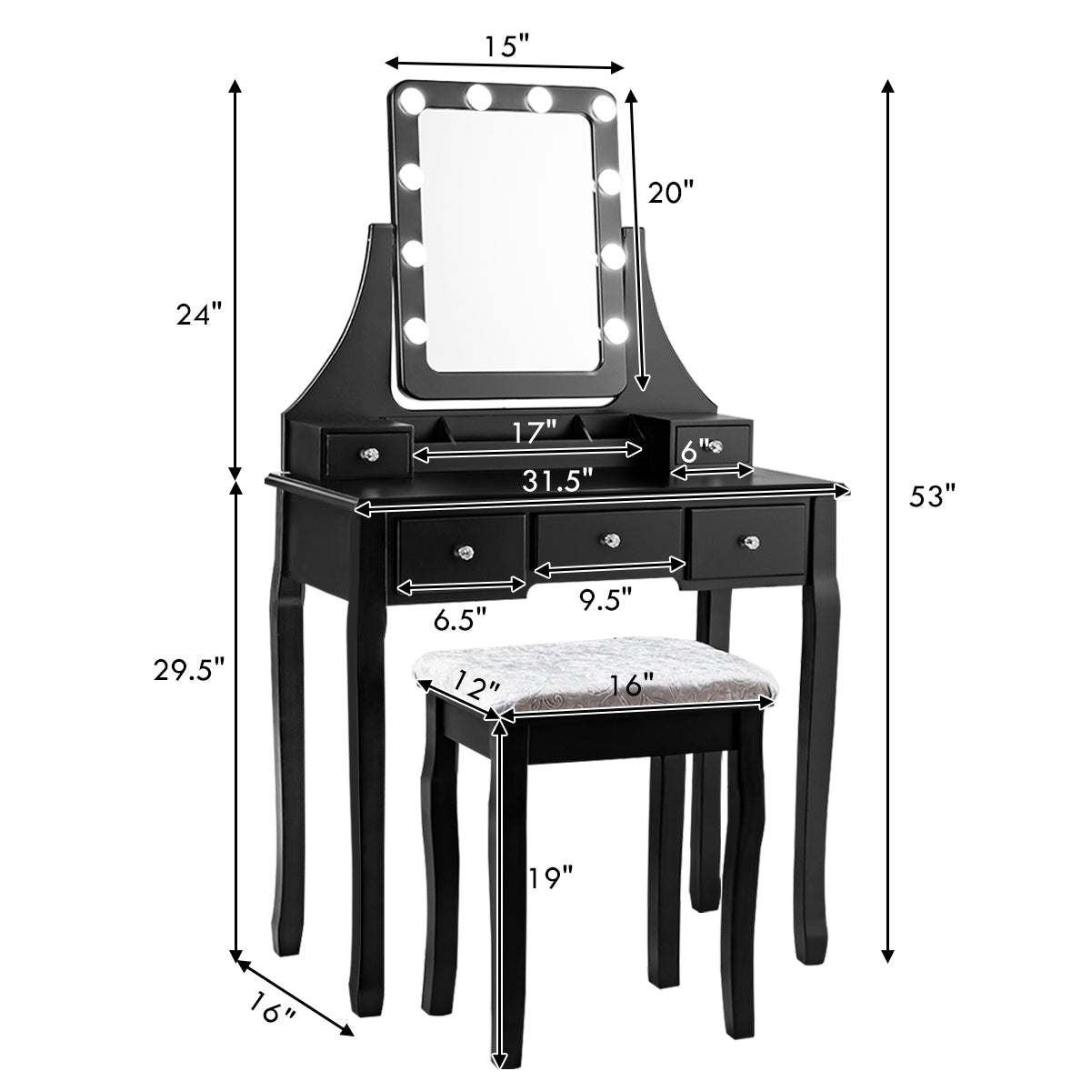 Topbuy Detachable Vanity Table Set Makeup Table with Mirror &Cushioned Stool Black/Brown/White