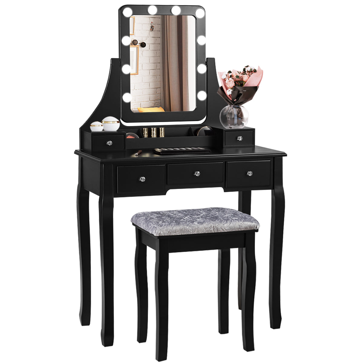 Topbuy Detachable Vanity Table Set Makeup Table with Mirror &Cushioned Stool Black/Brown/White